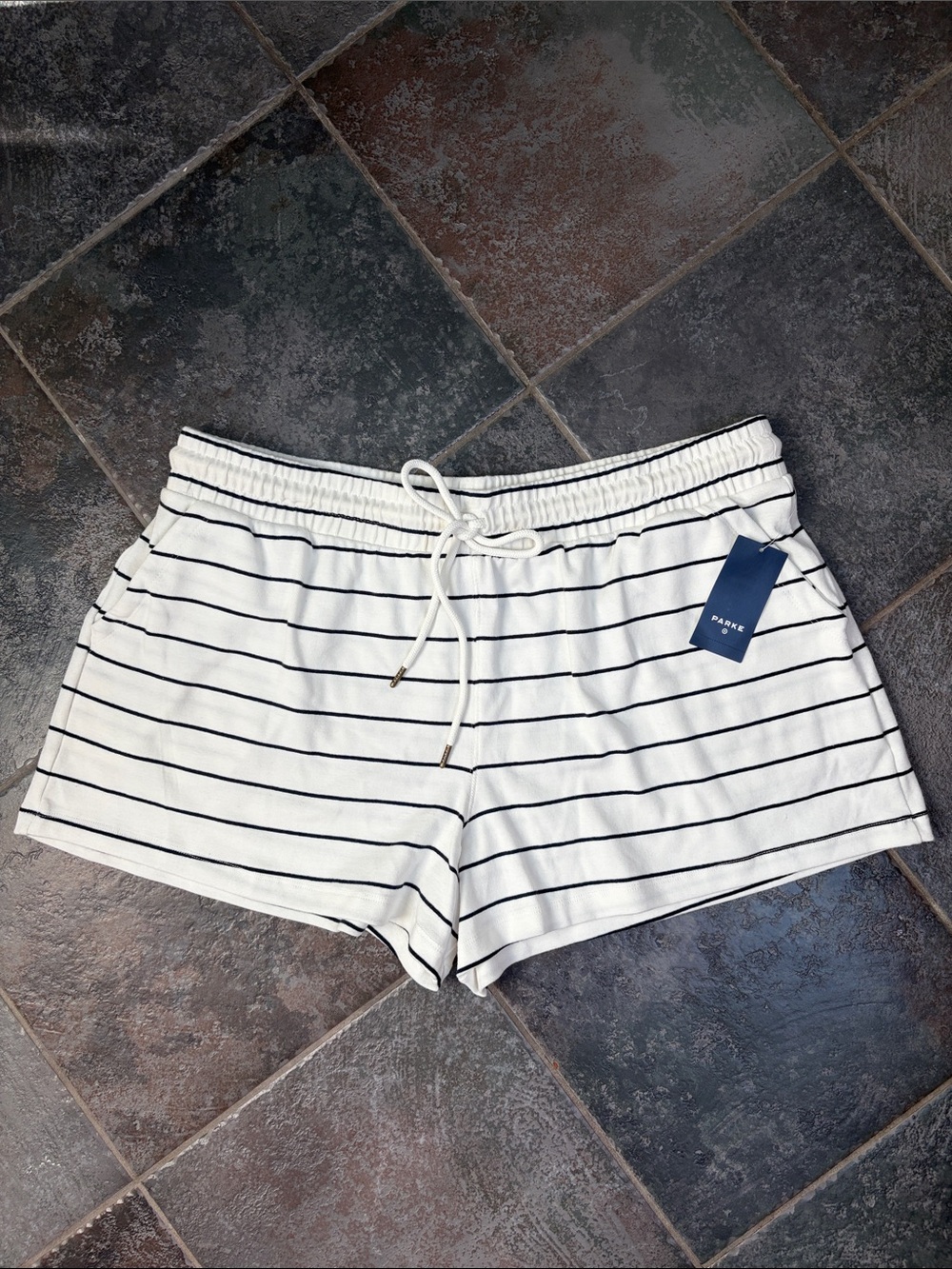 Parke x Target White Knit Drawstring Shorts with Navy Stripes